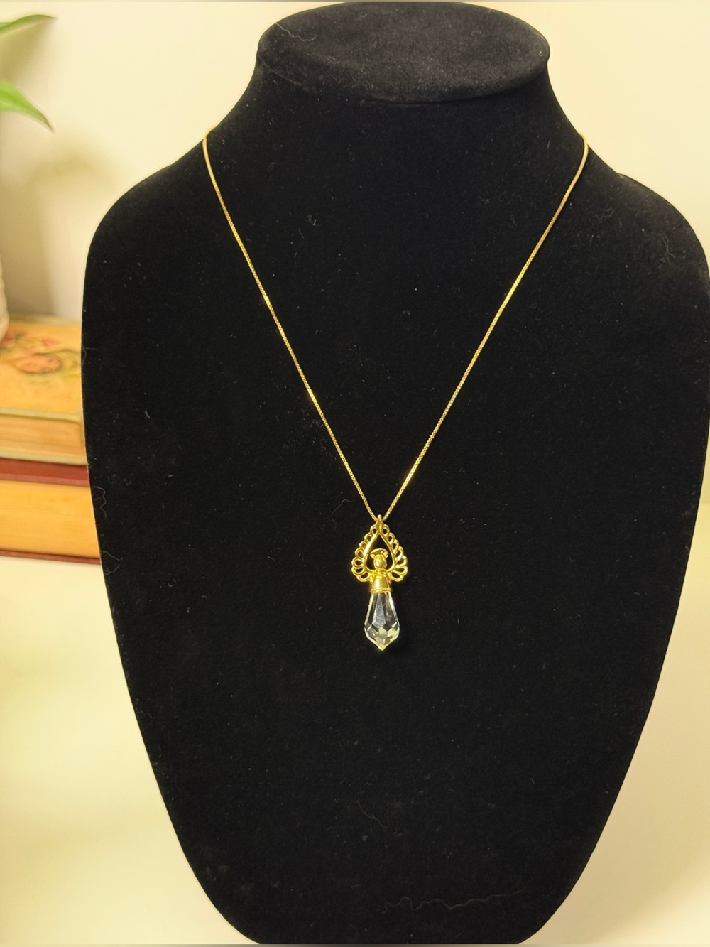 Lenox 925 Italy Gold Vermeil Angel Crystal Drop Pendant Necklace 19 inches